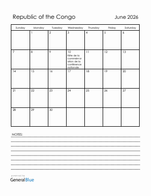Current month calendar with Republic of the Congo holidays for June 2026