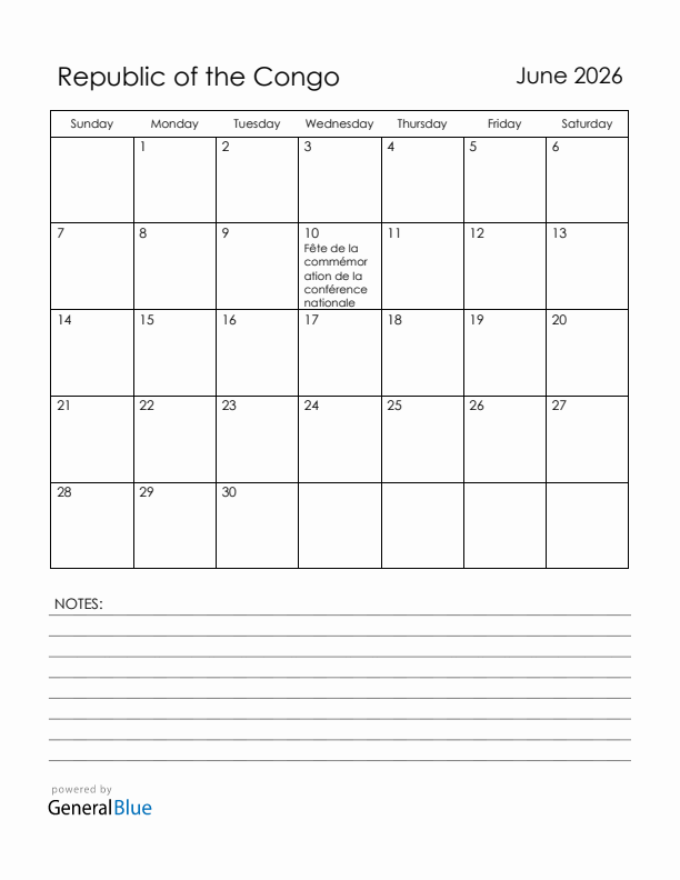 June 2026 Republic of the Congo Calendar with Holidays (Sunday Start)