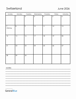 Current month calendar with Switzerland holidays for June 2026