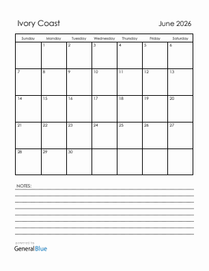 Current month calendar with Ivory Coast holidays for June 2026
