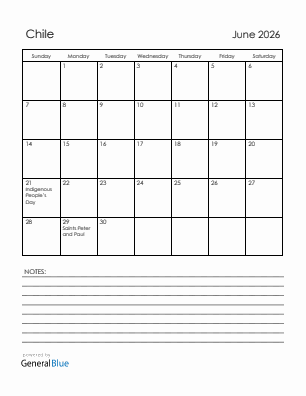 Current month calendar with Chile holidays for June 2026