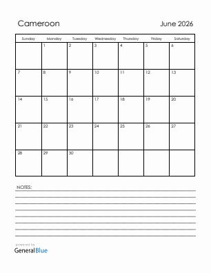 Current month calendar with Cameroon holidays for June 2026