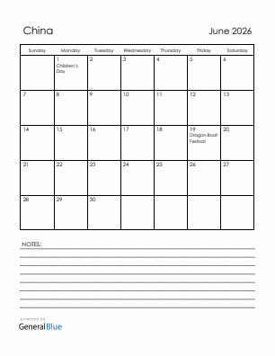 Current month calendar with China holidays for June 2026