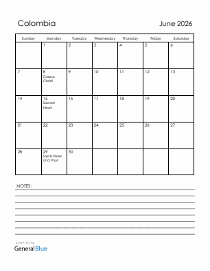 Current month calendar with Colombia holidays for June 2026