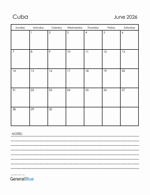 Current month calendar with Cuba holidays for June 2026