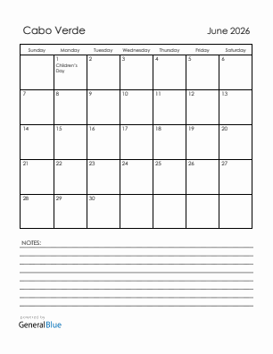 Current month calendar with Cabo Verde holidays for June 2026