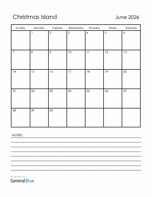 Current month calendar with Christmas Island holidays for June 2026