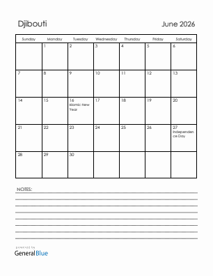 Current month calendar with Djibouti holidays for June 2026