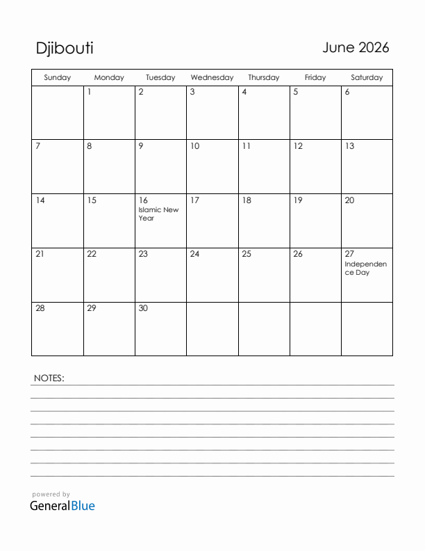 June 2026 Djibouti Calendar with Holidays (Sunday Start)