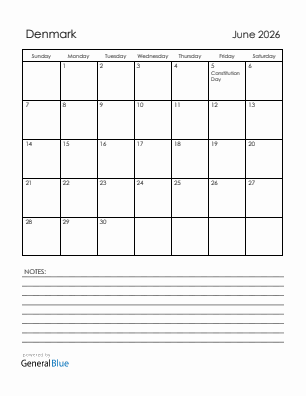 Current month calendar with Denmark holidays for June 2026