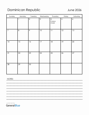 Current month calendar with Dominican Republic holidays for June 2026