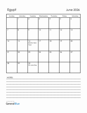 Current month calendar with Egypt holidays for June 2026