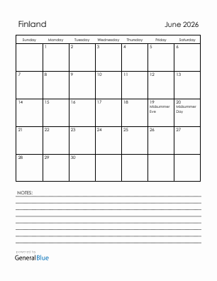 Current month calendar with Finland holidays for June 2026