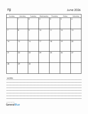 Current month calendar with Fiji holidays for June 2026