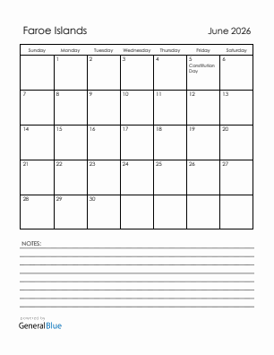 Current month calendar with Faroe Islands holidays for June 2026
