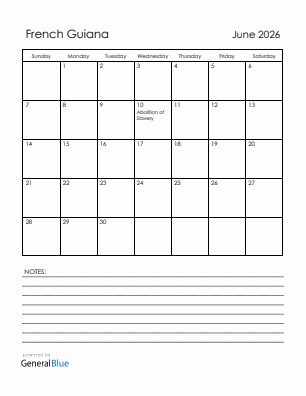 Current month calendar with French Guiana holidays for June 2026