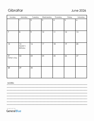 Current month calendar with Gibraltar holidays for June 2026