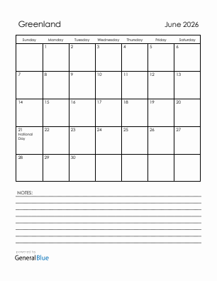 Current month calendar with Greenland holidays for June 2026