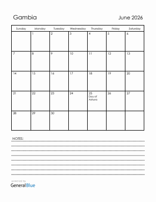 Current month calendar with Gambia holidays for June 2026