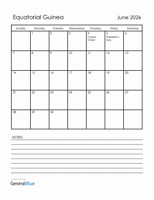 Current month calendar with Equatorial Guinea holidays for June 2026