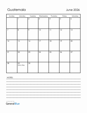 Current month calendar with Guatemala holidays for June 2026
