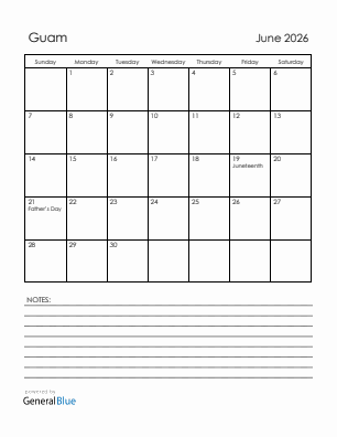 Current month calendar with Guam holidays for June 2026