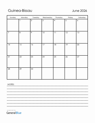 Current month calendar with Guinea-Bissau holidays for June 2026