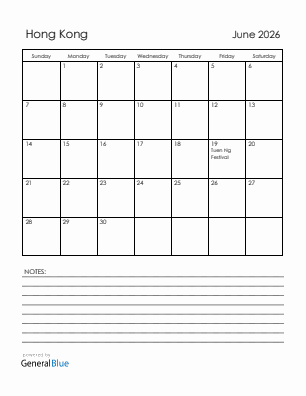 Current month calendar with Hong Kong holidays for June 2026