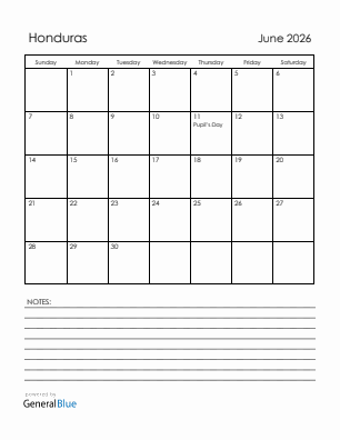 Current month calendar with Honduras holidays for June 2026
