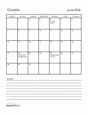 Current month calendar with Croatia holidays for June 2026