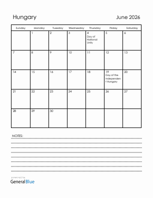 Current month calendar with Hungary holidays for June 2026