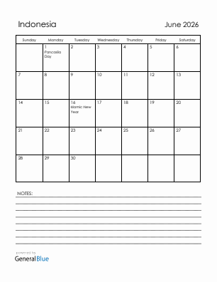 Current month calendar with Indonesia holidays for June 2026