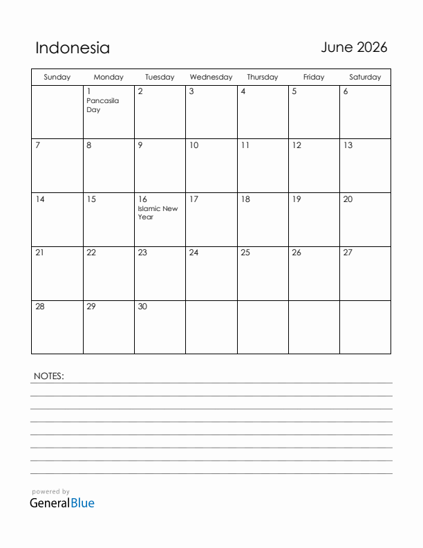 June 2026 Indonesia Calendar with Holidays (Sunday Start)