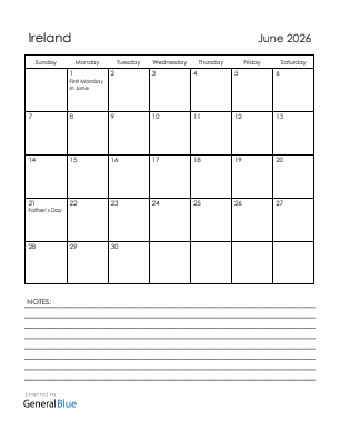 Current month calendar with Ireland holidays for June 2026