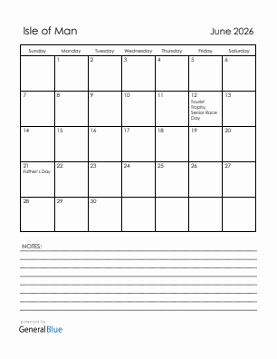 Current month calendar with Isle of Man holidays for June 2026