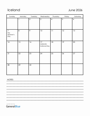 Current month calendar with Iceland holidays for June 2026