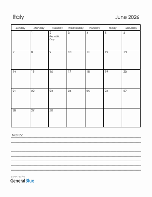 Current month calendar with Italy holidays for June 2026