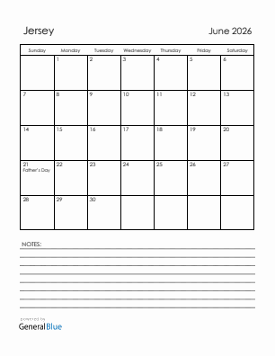 Current month calendar with Jersey holidays for June 2026