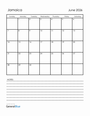 Current month calendar with Jamaica holidays for June 2026
