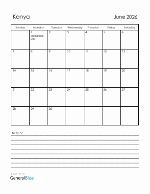Current month calendar with Kenya holidays for June 2026