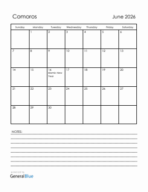 Current month calendar with Comoros holidays for June 2026