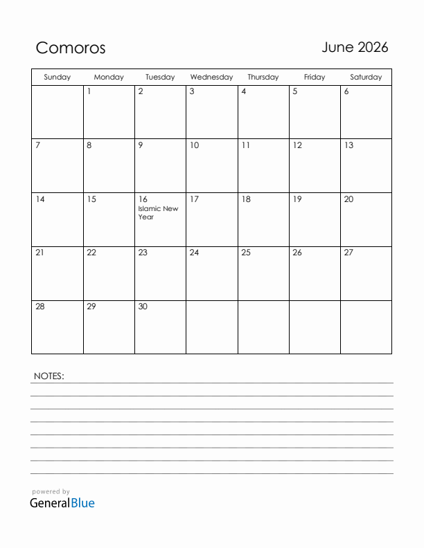 June 2026 Comoros Calendar with Holidays (Sunday Start)