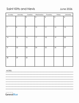 Current month calendar with Saint Kitts and Nevis holidays for June 2026