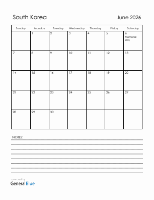 Current month calendar with South Korea holidays for June 2026