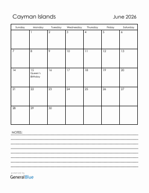 Current month calendar with Cayman Islands holidays for June 2026