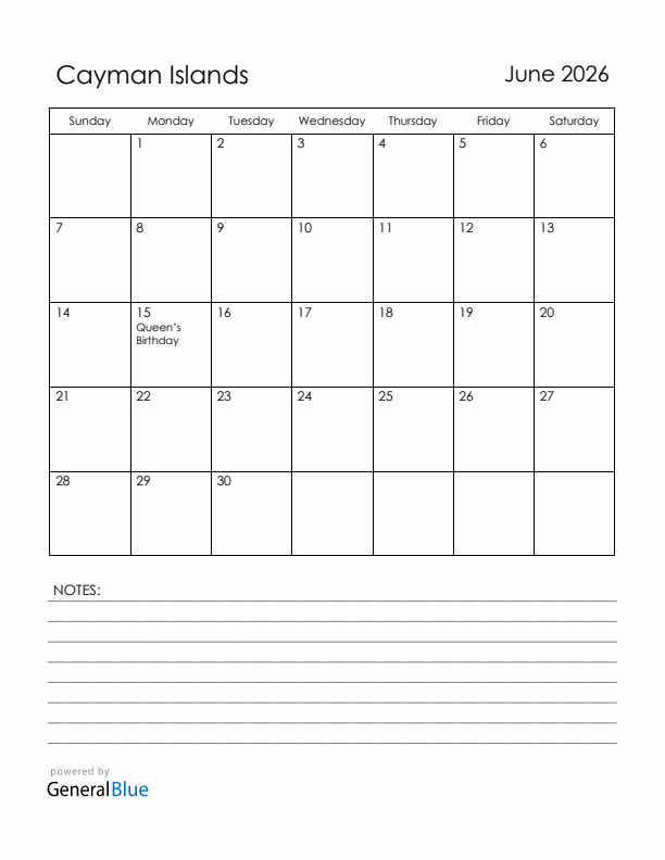 June 2026 Cayman Islands Calendar with Holidays (Sunday Start)