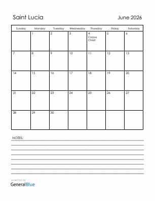 Current month calendar with Saint Lucia holidays for June 2026