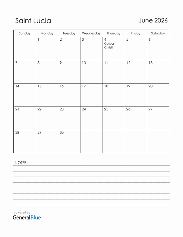 June 2026 Saint Lucia Calendar with Holidays (Sunday Start)