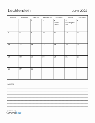 Current month calendar with Liechtenstein holidays for June 2026
