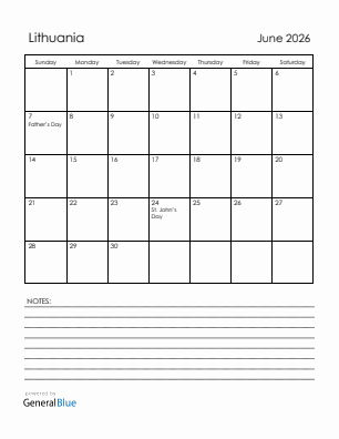 Current month calendar with Lithuania holidays for June 2026